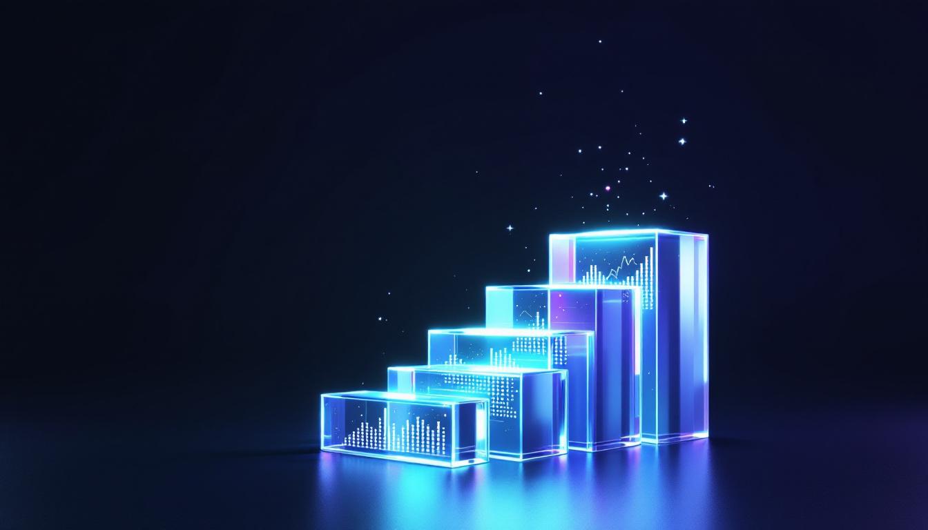 Ascending glass blocks with glowing data visualizations representing content ranking growth and SEO performance metrics